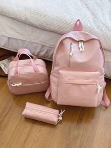 3pcs/Set Fashionable School Style Solid Color Backpack Set, Includes Backpack, Lunch Bag And Pencil Case, With Laptop Compartment, Adjustable Shoulder Straps, Multi-Pockets Large Capacity, Multi-Functional Backpack Set, Suitable For Girls/Teens/College Students/Graduates For Daily Use/Vacation/Travel/Back To School - Pink - View 9