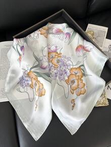 1条27.6英寸x27.6英寸方形缎面围巾，女士印花头巾，可用作发带、发圈、披肩、领巾，时尚配饰，适合搭配连衣裙 - 淺綠荷花 - 查看 3