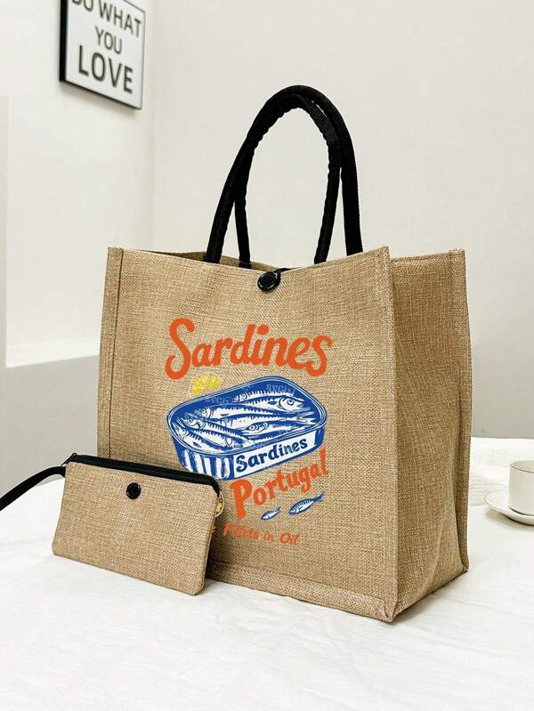Grand sac de maquillage portable avec motif sardine, style universitaire, sac de rangement pour chargeur, avec fonction d'amortissement, organisateur portable conçu pour les cosmétiques et les produits de soins de la peau, convient pour la saison de remise des diplômes, sac fourre-tout