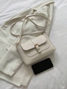 Women's Fashion Crocodile Print Solid Color Leather Belt Decor Flap Square Crossbody Bag - White - View 5