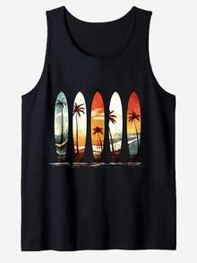 GRDR 男士度假休闲窄肩椰子树印花背心 - 黑色 - 查看 3