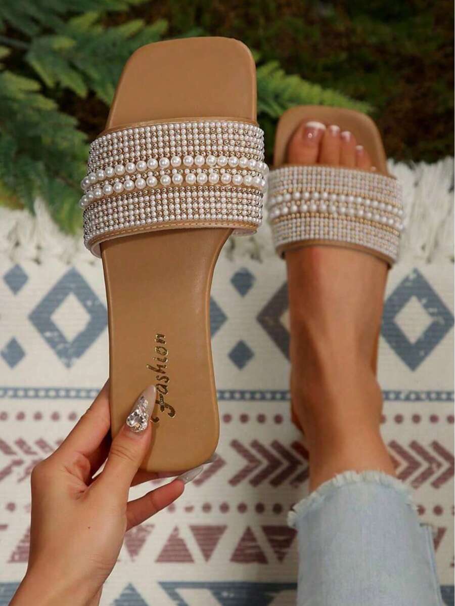 Damen Perlen & Strass Dekor Slide Sandalen/Pantoffeln, Offene Zehen Sommer Lässig Mule Schuhe