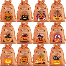 12pcs/Pack Halloween Burlap Print Gift Drawstring Pouches, Funny Pumpkin Pattern Gift Bags Suitable For Halloween Party, Halloween Decoration