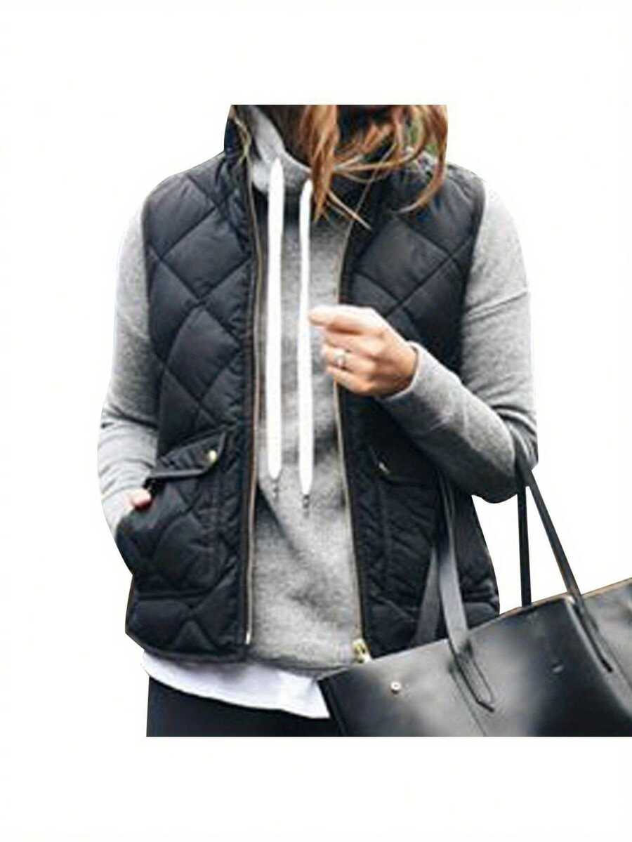 Women's Puffer Outwear Quilted Vest Stand Collar Lightweight Zip Up Quilted Vest - 黑色 - 查看 1