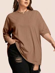 Kit 2 T-Shirts Women's Plus Size Plain Round Neck Fashion  Oversized - nâu và kaki - Xem 2
