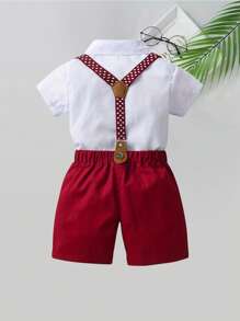2pcs Baby Boys Gentleman Outfit - Red Suspender Pants And White Shirt With Bow Tie, Suitable For Holidays, Weddings, Parties, New Year Celebrations, And Everyday Wear