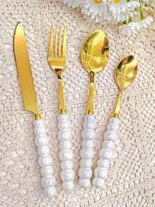 Juego de 3/4/9/12 piezas de cubiertos con forma de perla dorada de acero inoxidable con mango de cerámica - Cuchillos, cucharillas de postre, tenedores y cucharas - Herramientas y accesorios de cocina elegantes perfectos para comidas familiares diarias, fiestas de cumpleaños y reuniones festivas
