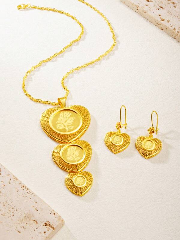 2pcs/Set Women's Jewelry Set, 24K Gold Plated Heart Necklace & Earrings With Rose Laser Pattern, Necklace Set Suitable For Women, Mother's Day/Valentine's Day Gift