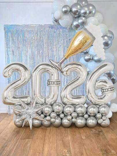 79 piezas/Set Decoraciones para la fiesta de Fin de Año, globos de estrella de explosión de papel de plata gigantes, globo de número "2026" de plata de 32 pulgadas, globos de látex metálicos plateados de 10 pulgadas y 5 pulgadas, globos de látex blancos perlados de 5 pulgadas, crea una atmósfera lujosa para Año Nuevo, Navidad, decoraciones navideñas