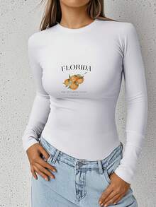 Cute Florida Oranges Graphic Women's Fashion Long Sleeve Shirt - 白色 - 查看 1