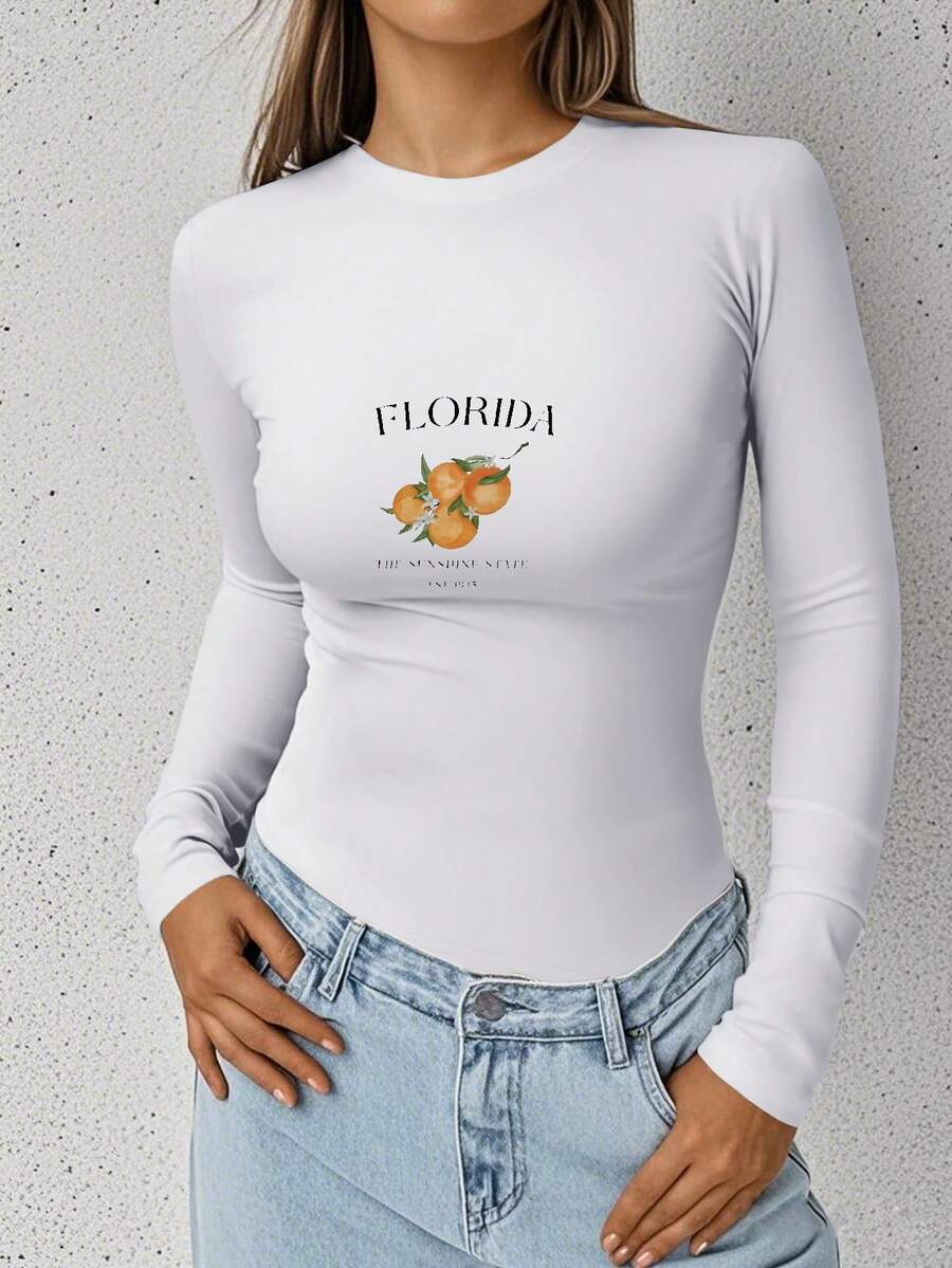 Cute Florida Oranges Graphic Women's Fashion Long Sleeve Shirt - 白色 - 查看 1