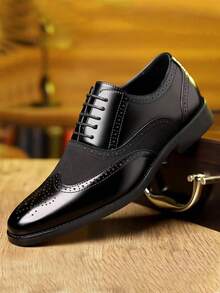 1 Pair Men's Business Oxford Shoes, Brogue Design Mixed Leather Formal Dress Shoes, British Style - Black - View 3