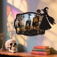 1 件经典女巫南瓜鬼蝙蝠蜘蛛网万圣节木镜墙贴适用于户外庭院卧室客厅浴室厨房衣帽间墙贴办公室商场宿舍派对场景装饰墙画恐怖鬼屋专属装饰