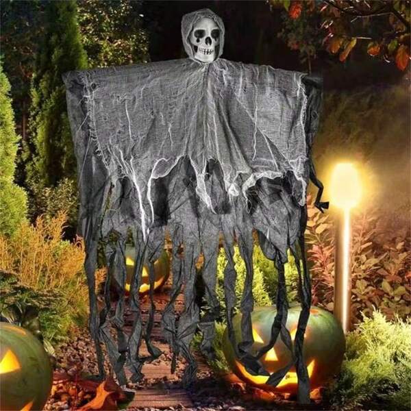 1/2 piezas Decoración colgante de cráneo, esqueleto y fantasma para fiesta de Halloween, adornos de terror para casa encantada, decoraciones de fiesta de Halloween para exteriores