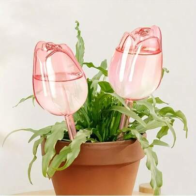 1 pieza/2 piezas/4 piezas Globos de riego automático con tulipán rosa, herramienta de jardinería flexible, sistema de riego por goteo automático para plantas en maceta, diseño de boca estrecha que extiende el tiempo de riego, apto para plantas de interior y exterior, maceta de auto-riego