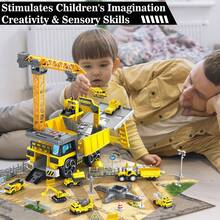 Construction Vehicles Track Set With Excavator, Dump Truck, Cement Truck, Wheel Loader & Rotating Crane, Car Carrier For Storage, STEM Building Toy For Kids Ages 3-12 (ASTM Certified) - Yellow - View 2