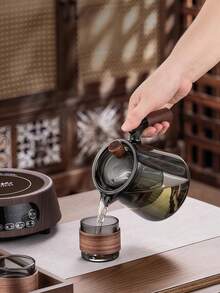 1pc Heat-Resistant Walnut Wood Handle Glass Teapot, Home Kitchenware, Office Tea Infuser For Green Tea, Flower Tea, Black Tea, Fruit Tea, Coffee, Lemon Water, Iced Tea - Multicolor - View 4