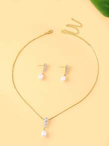 1 Set Gold Metal Thin Chain Diamond-Studded Pearl Necklace And Earring Set, Suitable For Party, Event And Daily Accessories
