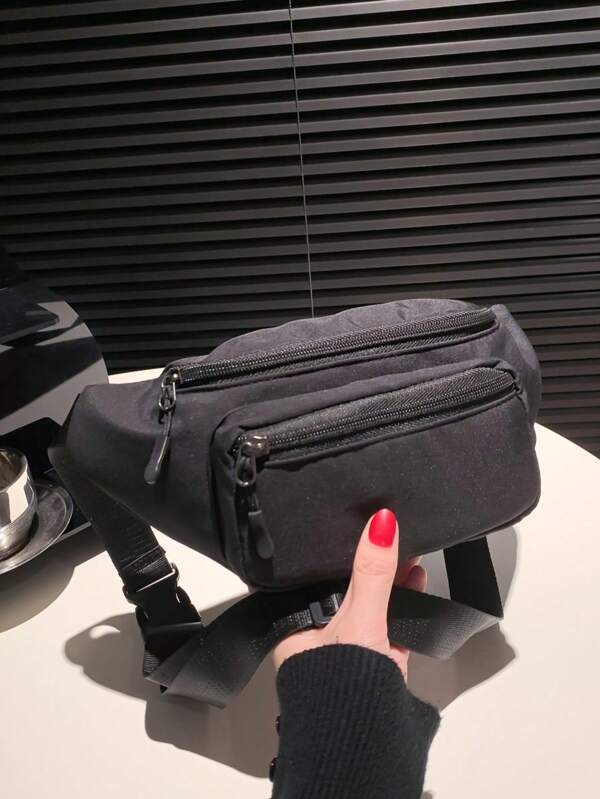 New Fashion Double Zipper Waist Bag - Women's Solid Color Casual Chest Bag Outdoor Sports Crossbody Mobile Phone Bag