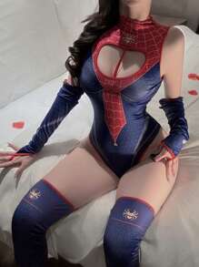1pc Red & Blue Spider Print Zip Crotch Costume Set, Roleplay Outfit For Couples Halloween