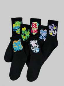 5/10 pares de calcetines hasta el tobillo de unicolor negro y blanco, estilo callejero unisex, colores aleatorios