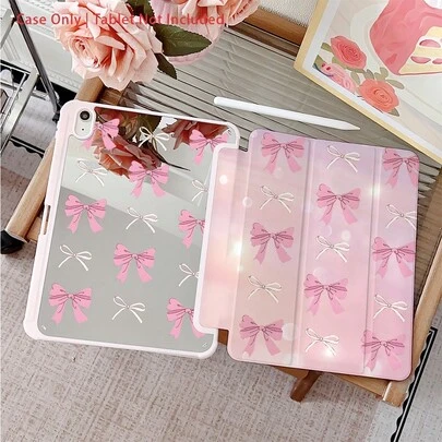 1 Piece Pink Bow Tie Mirror Protective Case With Pen Slot, Compatible With IPad 10.9/10.2/Air 5th Gen/Pro 11/10th Gen/9.7/Air 2/IPad (7th Gen)/IPad (8th Gen)/IPad Air 4/5/IPad Pro 11/IPad 10th Gen 10.9 Inch (2022)/IPad Air 13 (M3 2025)/IPad Air 11 (M3 2025)/IPad 11 (A16 2025), With Auto Sleep/Wake Function, Fashionable Tablet Accessory