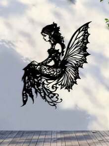 1pc Decorative Metal Wall Art - Enchanting Fairy Silhouette With Butterfly Wings, Exquisite Design Suitable For Garden, Patio, Living Room Or Balcony Decor, Outdoor Metal Wall Art, Outdoor Sculpture Enchanting Fairy Pattern Metal Wall Decor, Decorative Item - Black - View 3