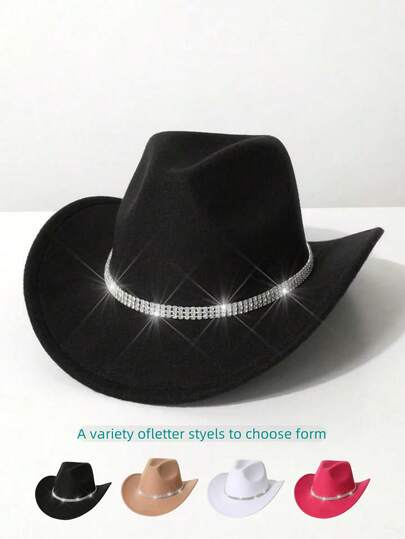 1 件女士时尚纯色帽檐波西米亚西部牛仔帽，饰有水钻腰带，宽檐修饰脸型，适合音乐节、单身派对、舞台表演，男女通用，四季皆宜