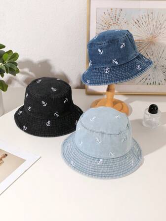1 pièce Chapeau seau à large bord brodé avec motif ancre, style vintage lavé, pour femmes. Convient pour le shopping, les voyages et assortir les tenues