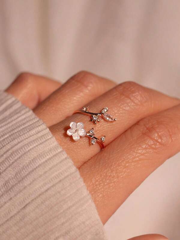 1pc Elegant Romantic Flower & Branch Design Single Finger Ring, Suitable For Women To Wear Daily Or To Events