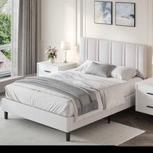 Upholstered Bed Frame With Headboard, Linen Fabric Platform Bed Frame With Tufted Headboard, No Box Spring Required, Easy Assembly, Pink/ White/ Black/ Blue, Twin/ Full/ Queen - 白色 - 查看 11