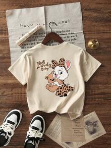 Baby Girls Bear Rabbit Cartoon Printed Round Neck Short Sleeve Cute Top - Apricot - View 3