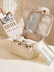 1pc Portable Cosmetic Bag Toiletry Bag With Handle, Pu Large Capacity Cosmetic Storage Bag Waterproof Travel Storage Bag, Store Cosmetics And Travel Necessities, Gift For Women