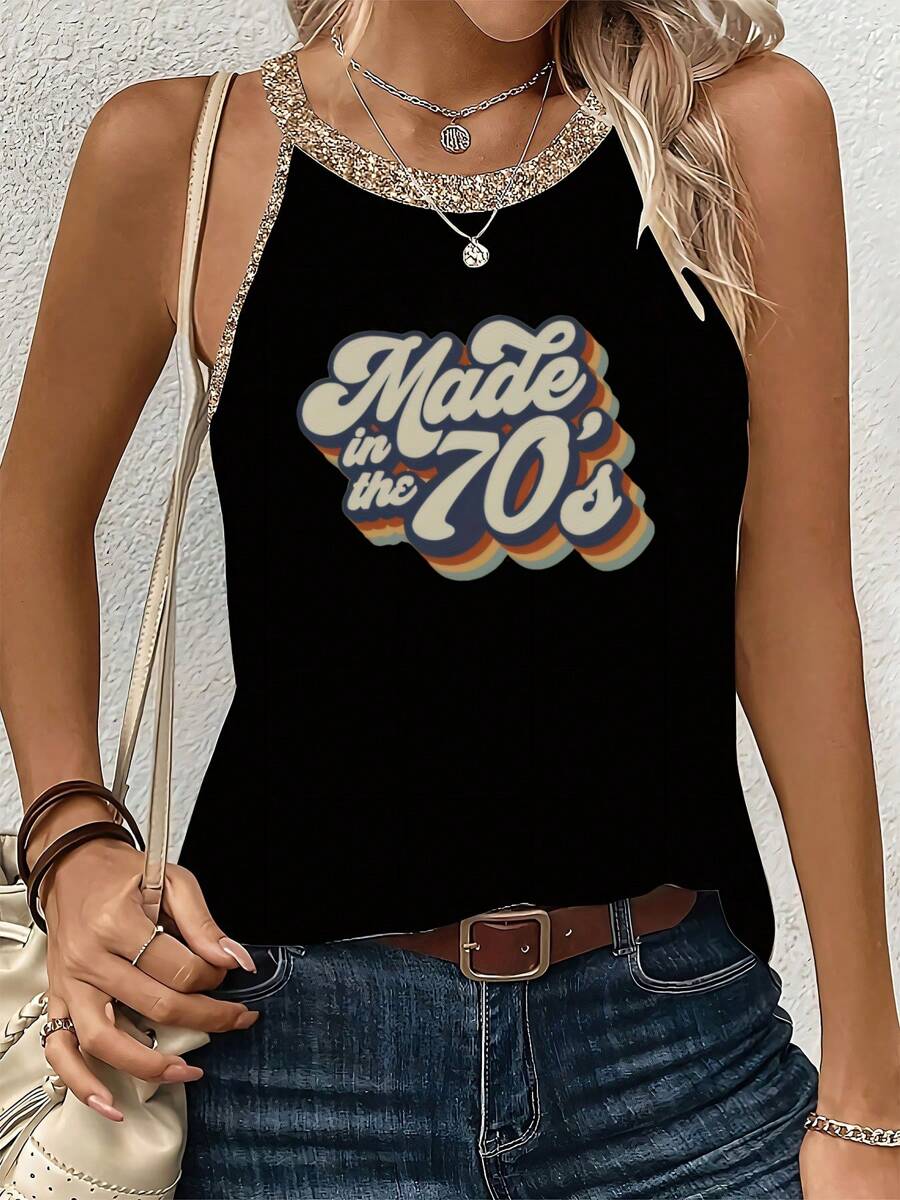 Retro 'Made In The 70's' Print Women's Casual Printed Summer Tank Top - 黑色 - 查看 1