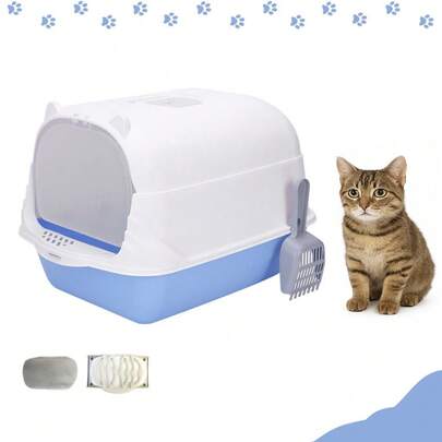 Caixa de Areia Grande Fechada Toalete Banheiro do gato com Comedouro Pá Higiênica Prático Completo