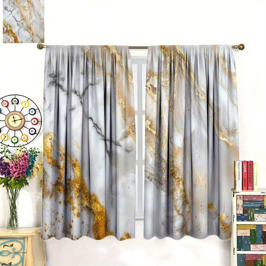 2pcs Bohemian Abstract Marble Pattern Blackout Curtains - Gray, White & Golden Design For Kitchen, Living Room, Or Bedroom Privacy Protection, Washable Polyester Fabric, Elegant Modern Decor, Curtains For Living Room