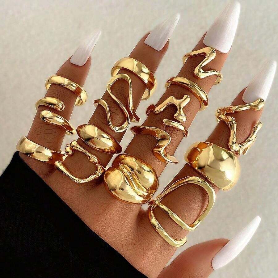 15pcs/Set Geometric Hollow Out Metal Rings, Asymmetrical Design, Simple Style Finger Rings For Women, Suitable For Daily Or Festival Wear - Gold - View 1