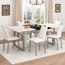 7-Piece Dining Table Set | Wooden Dining Table With 6 Upholstered Chairs For 6 People | 70in Kitchen Table W/Waterpoof Tabletop,Leather Chairs,Rectangular Tables W/Adjustable Leg For Dining Room - white (with 6 Chairs) - 查看 8