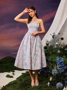 Faeriesty 无肩带中长款花卉刺绣连衣裙，采用编织提花面料 - 飘逸的 A 字裙，适合春夏季花园派对和婚礼宾客着装（柔和的薰衣草和薄荷色调，浪漫优雅）