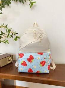 1 Pc New Style Girls' Strawberry Print Fabric Backpack With Adjustable Straps, Zipper Closure, Multifunctional Foldable Design, Perfect For Travel, School, Outdoor Activities, And Holiday Gifts
