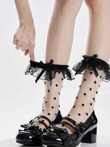 1 Pair Women's Lace Trim Bow Mesh Stockings, Sweet Lolita Mid-Calf Socks - Black - View 3