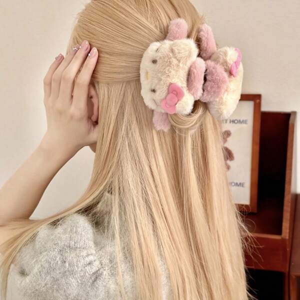 Sanrio 1/2 Stück sanftrosa Haarspangen Accessoires, Hello Kitty Plüsch Haarklammern mit Schleife, niedliche Cartoon Haarkralle, Halloween & Weihnachtsgeschenk, Familiengeschenk