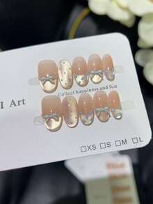 10 片法式粉色猫眼蓝色波尔卡圆点手工假指甲，手工指甲贴片，适合清新可爱的女孩约会，按压指甲，美甲用品，指甲 - 粉色 - 查看 15