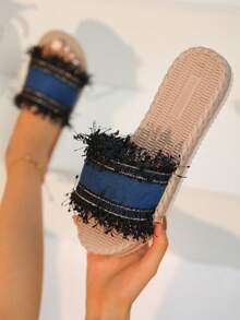 女士蓝色流苏平底软拖鞋，时尚舒适一脚蹬凉鞋，适合女士和学生，夏季 - 藍色 - 查看 1