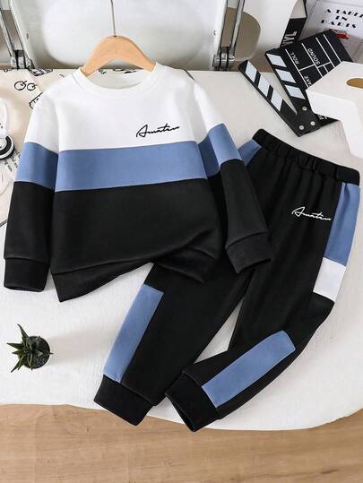 Conjunto de sudadera de cuello redondo con bloque de color y estampado de letras, y pantalones con bloque de color para niño preadolescente