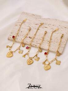 1pc Fashionable Stainless Steel A-Z Heart-Shaped Letter Pendant Bracelet, Women's Initial Butterfly, Heart, Sun, Clover Pendant Bracelet, Couple Jewelry Gift, Suitable For Daily Wear - Bracelet - View 4