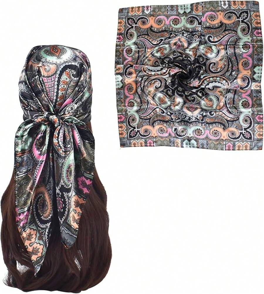 35 Inches Silk Head Scarf-Satin Hair Scarves Silk Bandana Scarf Headscarf For Women's Fashion Scarveshalloween - 佛陀黑腰果 - 查看 1