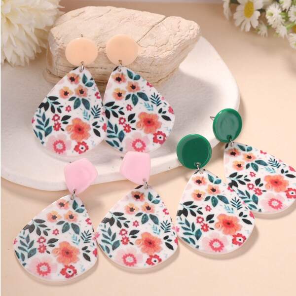 1 Pair Women's Spring/Summer Red & Green Floral Print Ceramic Texture Elegant Cute Acrylic Water Drop Earrings, Fashion Design Acrylic Earring, Stud Earrings, Suitable For Female Students Office Personalized