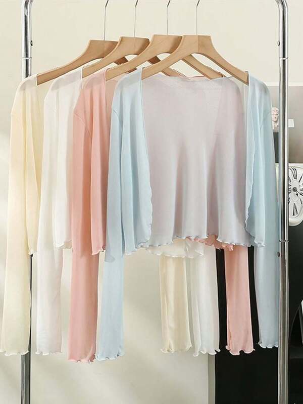 1pc Ruffle Trim Casual Sheer Cardigan For Women, Lightweight Long Sleeve Shrug For Slip Dress, Summer