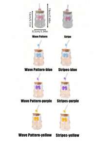 带盖和吸管的蝴蝶结玻璃杯，精致的蝴蝶结玻璃杯，波浪条纹玻璃杯，适用于咖啡、茶、牛奶、冰美式咖啡和拿铁饮品，饮水杯，情人节礼物，返校季礼物，家居生活 / 厨房和餐厅 / 饮具 / 杯子